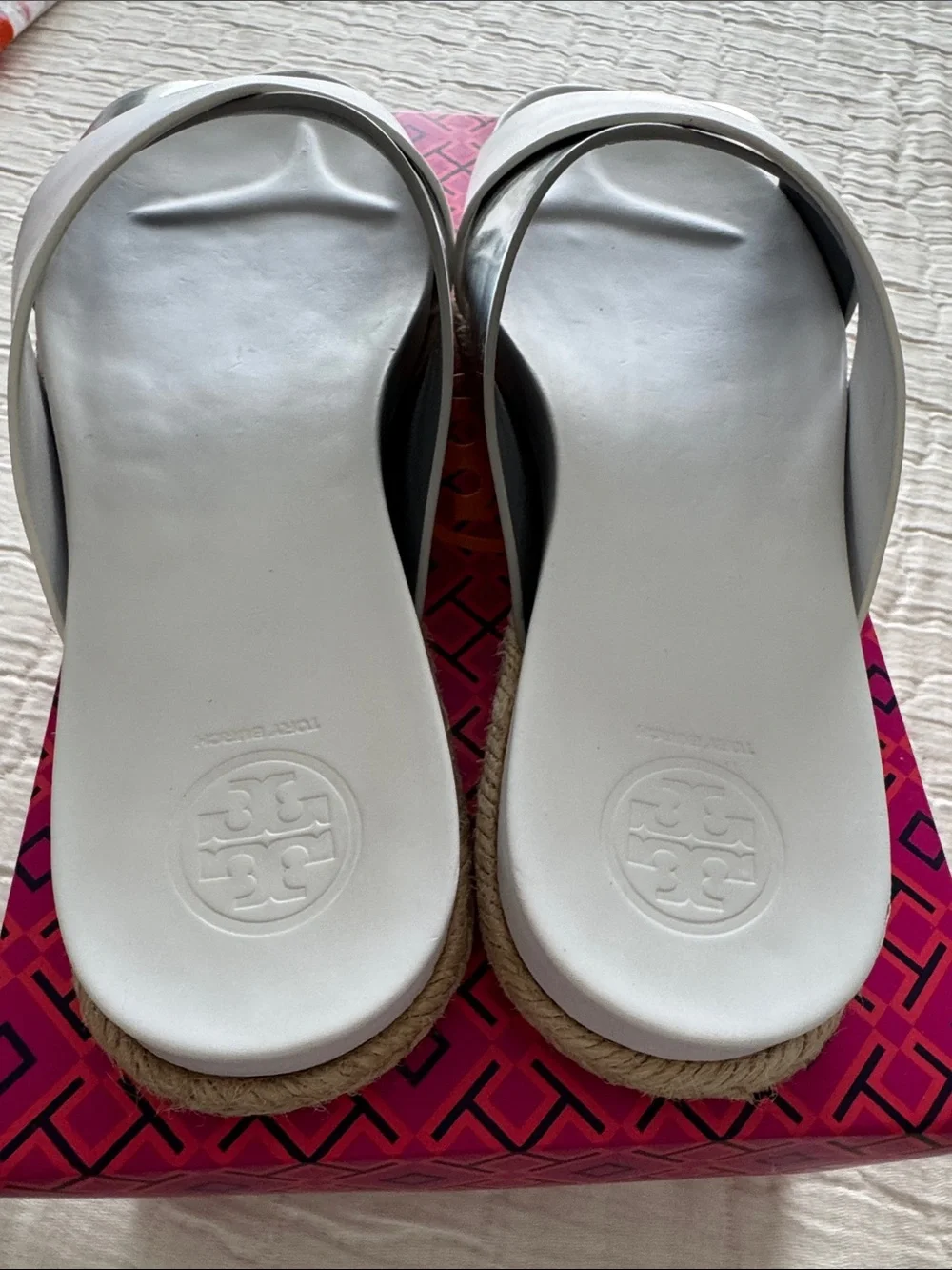 Tory Burch Monterey 2 Tone Espadrille Slide - White/Silver, Size 8